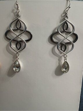 Silver Teardrop Dangle Earrings with Crystal Accent